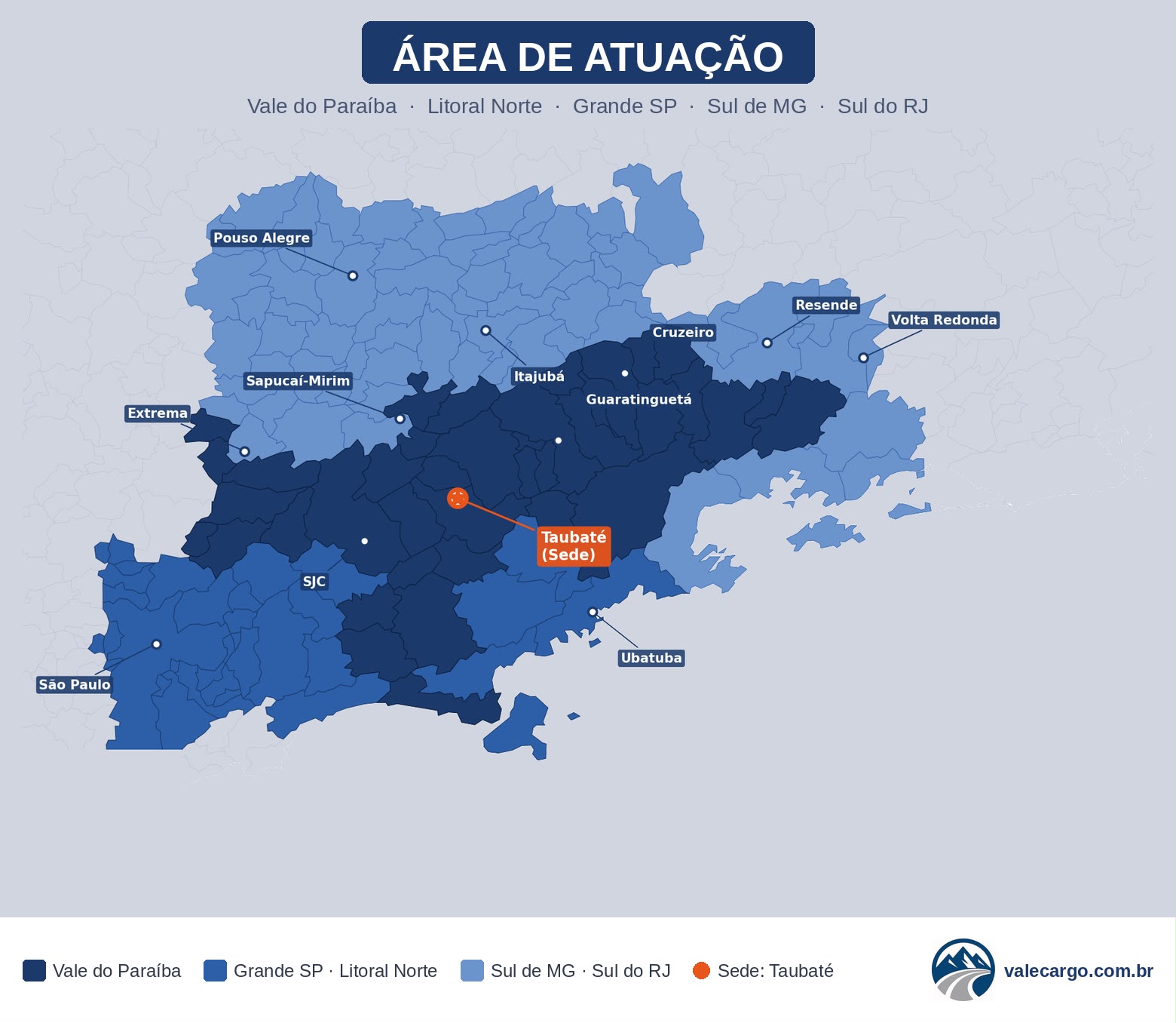 Mapa da área de atuação da Vale Cargo — Vale do Paraíba, Litoral Norte, Grande SP, Sul de Minas e Sul do Rio, com sede em Taubaté